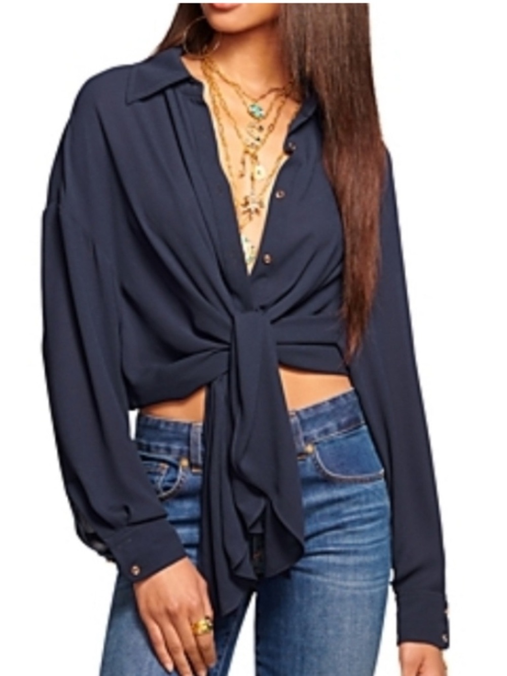 Ramy Brook Raven Navy Tie-Front Button Down Blouse Shirt Top NWT $345